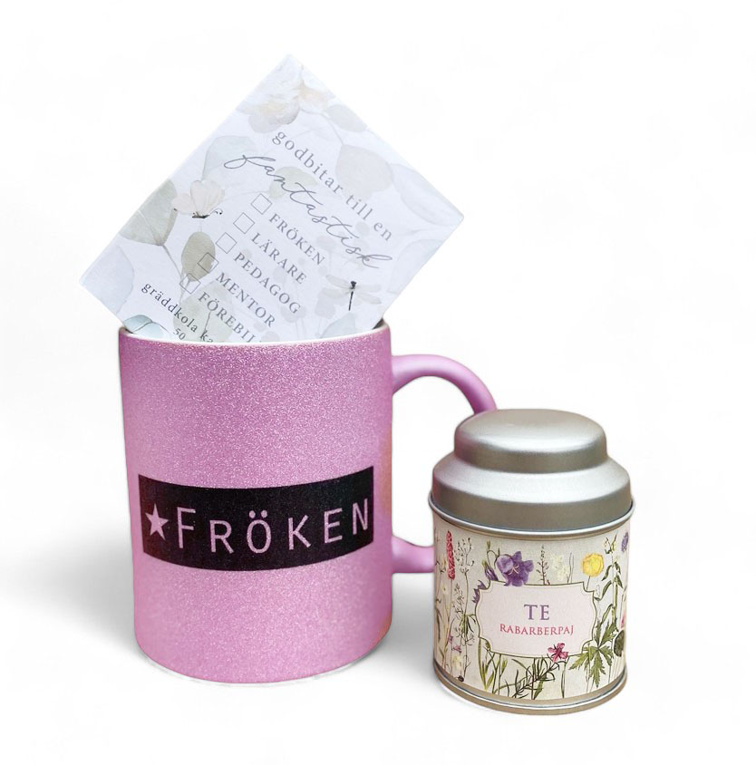 Presentset Frken, rosa mugg, te, karameller 