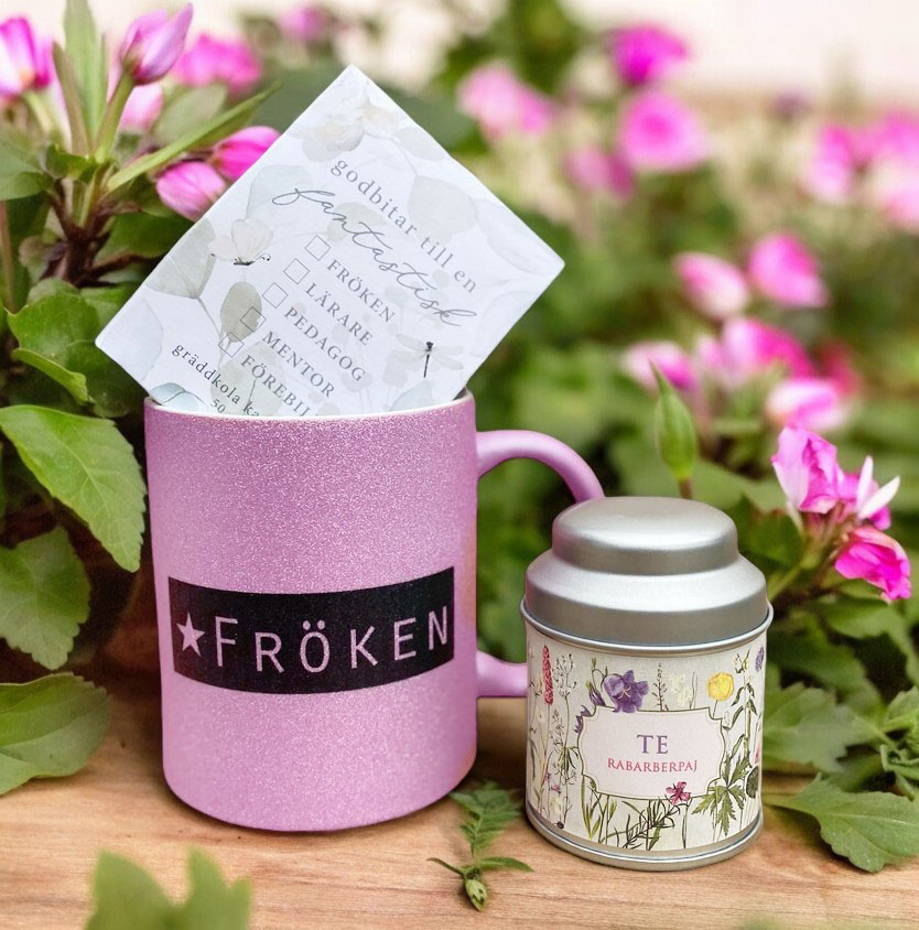 Presentset Frken, rosa mugg, te, karameller 