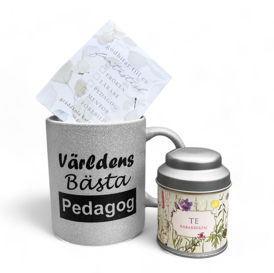 Presentset Pedagog, silverglittrig mugg, te, karameller 