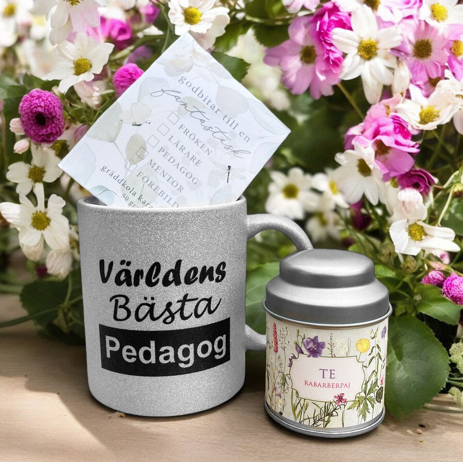 Presentset Pedagog, silverglittrig mugg, te, karameller 